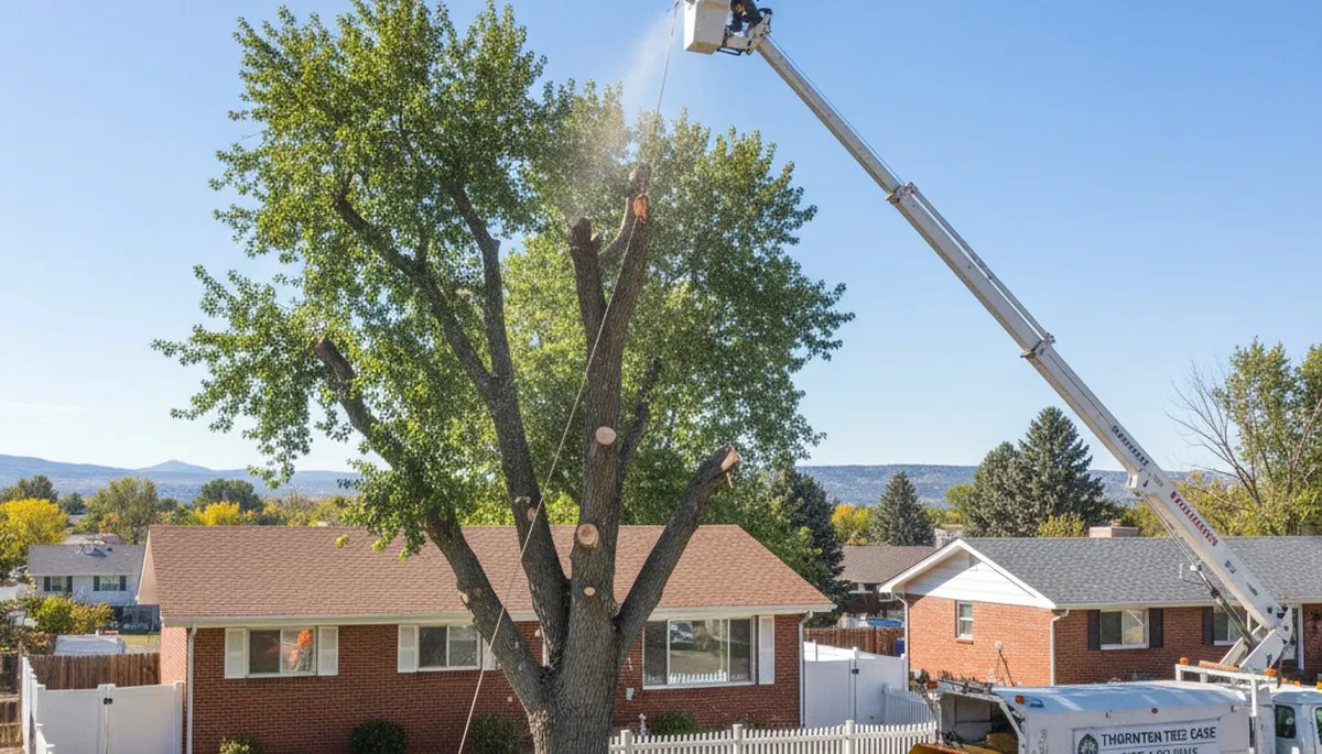 Professional arborists performing safe tree removal at a Thornton, CO residential property