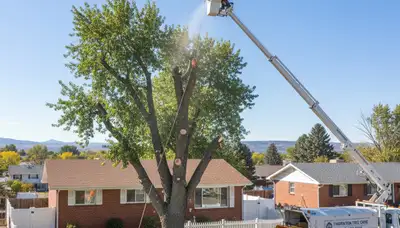 Professional arborists performing safe tree removal at a Thornton, CO residential property