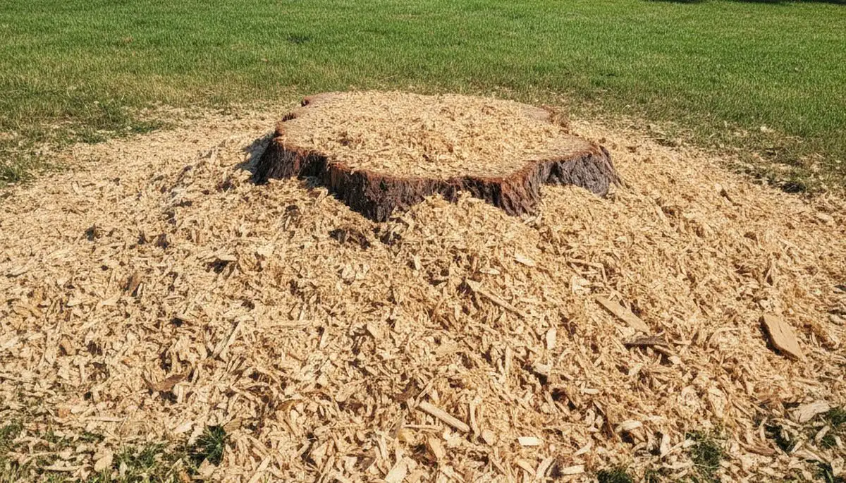 Finished stump grinding with leveled soil and wood chips after tree removal in Thornton, CO