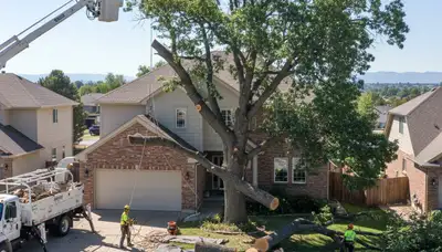 Arborists using bucket truck for large tree removal at residential property in Thornton, CO