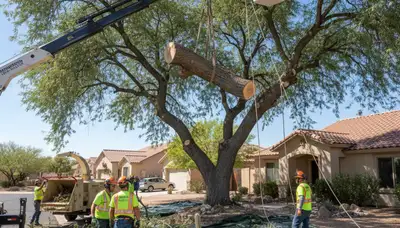 Arborists using bucket truck for large tree removal in Henderson near Thornton, CO homes