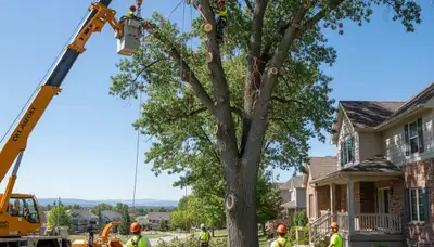 Arborists using bucket truck for large tree removal at residential property in Thornton, CO