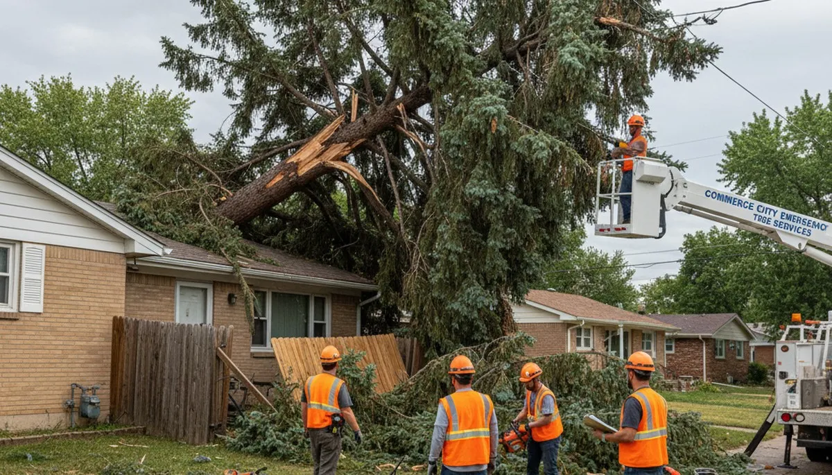 Emergency tree removal crew clearing storm-damaged trees in Commerce City, CO after severe storms