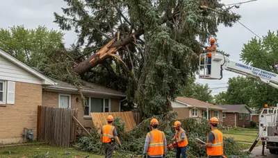 Emergency tree removal crew clearing storm-damaged trees in Commerce City, CO after severe storms