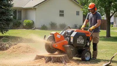 Professional stump grinding removing tree stumps in Commerce City, CO yard by Thornton tree service experts