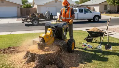 Professional stump grinding service removing tree stumps in Henderson, CO yard near Thornton tree experts