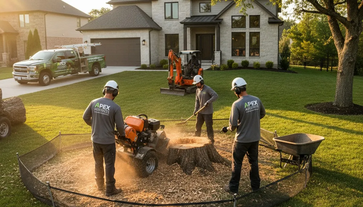 Arborist performing stump grinding on residential lawn in Thornton, CO for Chop Chop Tree removal service