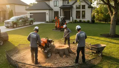 Arborist performing stump grinding on residential lawn in Thornton, CO for Chop Chop Tree removal service
