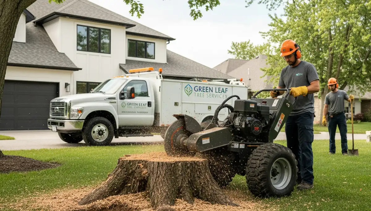 Crew performing professional stump grinding in Thornton, CO yard for Chop Chop Tree removal service