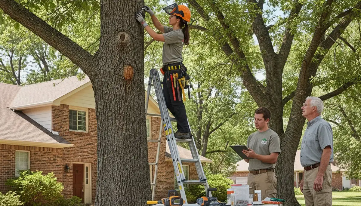 Certified arborist performing tree health assessment for homeowners in Thornton, CO