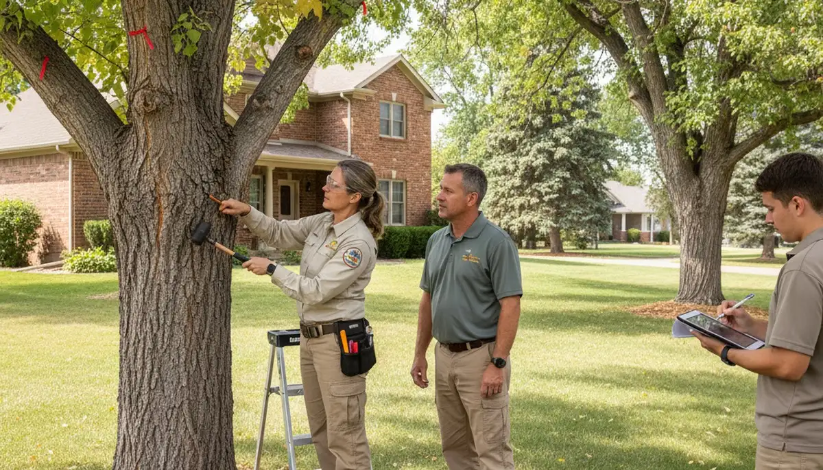 Certified arborist performing tree health assessment for homeowners in Commerce City, CO
