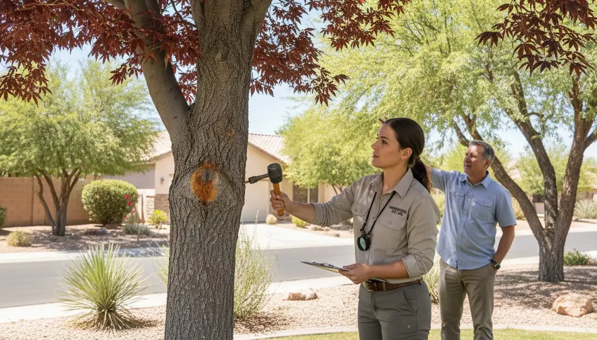 Certified arborist performing tree health assessment for homeowners in Henderson, CO near Thornton