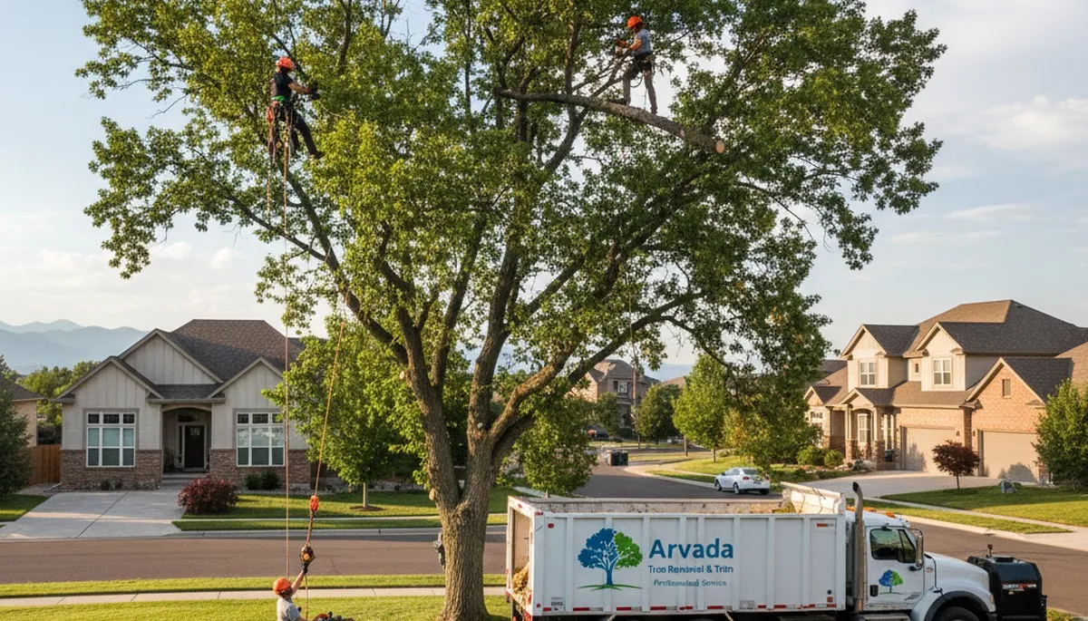 Professional tree removal service in Thornton CO safely cutting and clearing residential trees