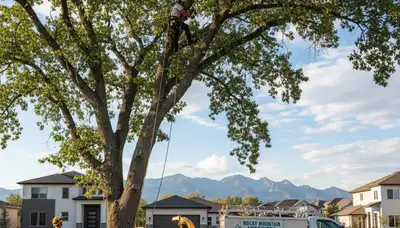 Professional tree removal service in Thornton, CO safely clearing large trees from residential yard