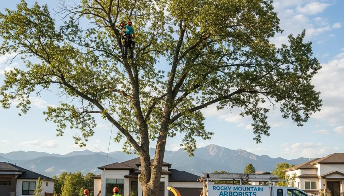 Professional tree removal service in Thornton, CO safely cutting large oak tree