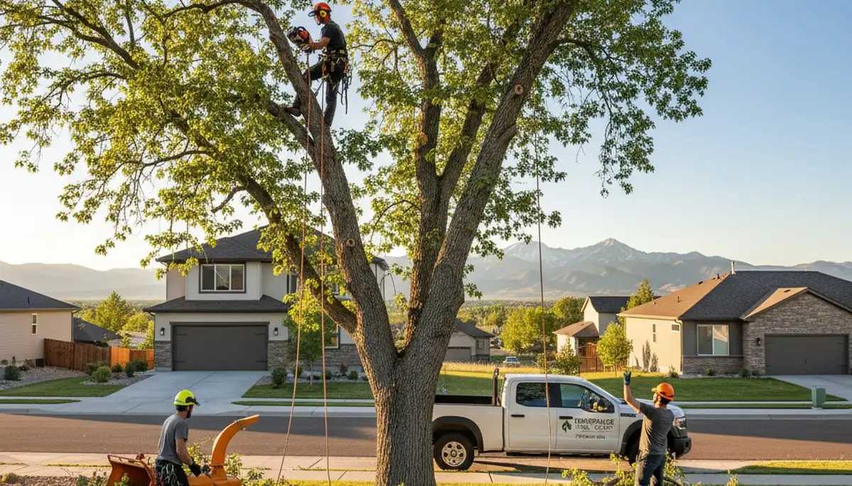 Professional tree removal service in Thornton, CO clearing large oak safely