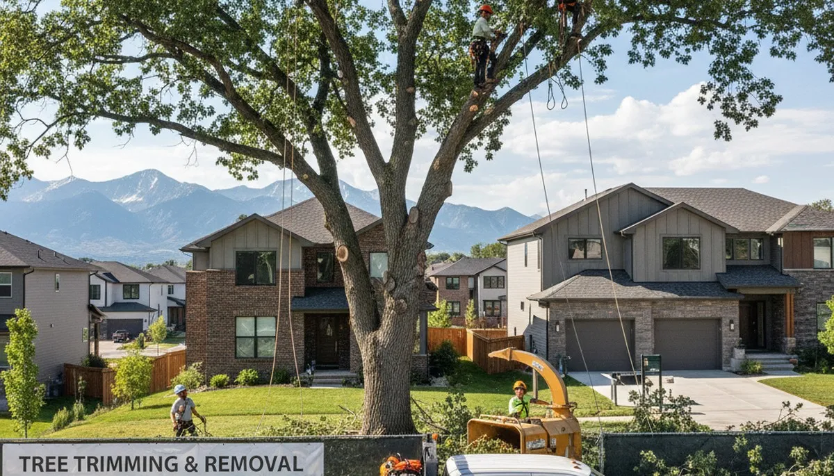 Professional tree removal service in Thornton, CO safely cutting down large backyard tree