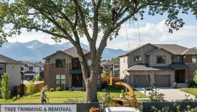 Professional tree removal service in Thornton, CO safely cutting down large backyard tree