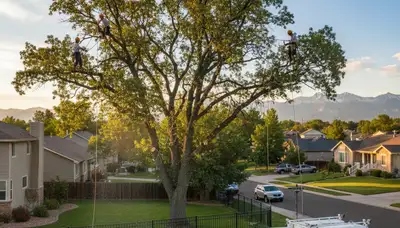 Professional tree removal service in Thornton, CO safely cutting down a large damaged tree