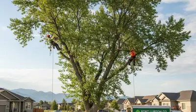 Professional tree removal service in Thornton, CO safely cutting down a large backyard tree