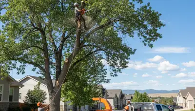Professional tree removal service in Thornton, CO safely cutting and clearing large trees