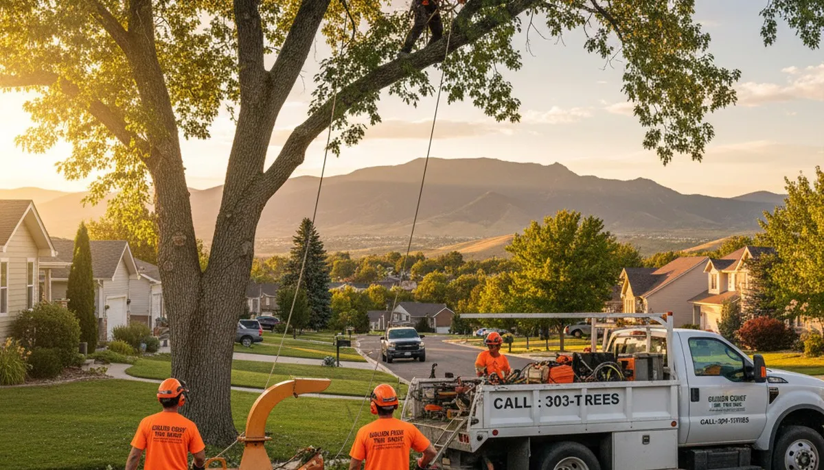 Professional tree removal service in Thornton, CO safely cutting and clearing large backyard trees