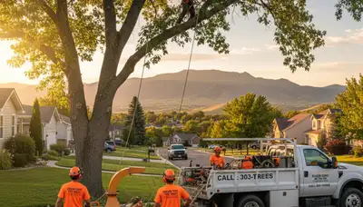 Professional tree removal service in Thornton, CO safely cutting and clearing large backyard trees