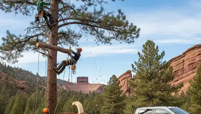Professional tree removal service in Thornton, CO safely clearing large tree near home